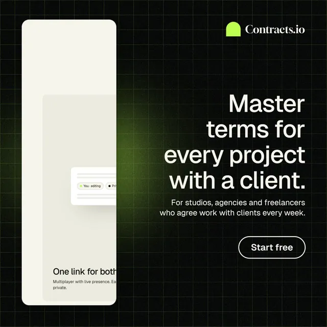 Instagram post for contracts.io: "Master terms for every project with a client." Phosphor atlas style, right layout, dark palette in black, yellow.