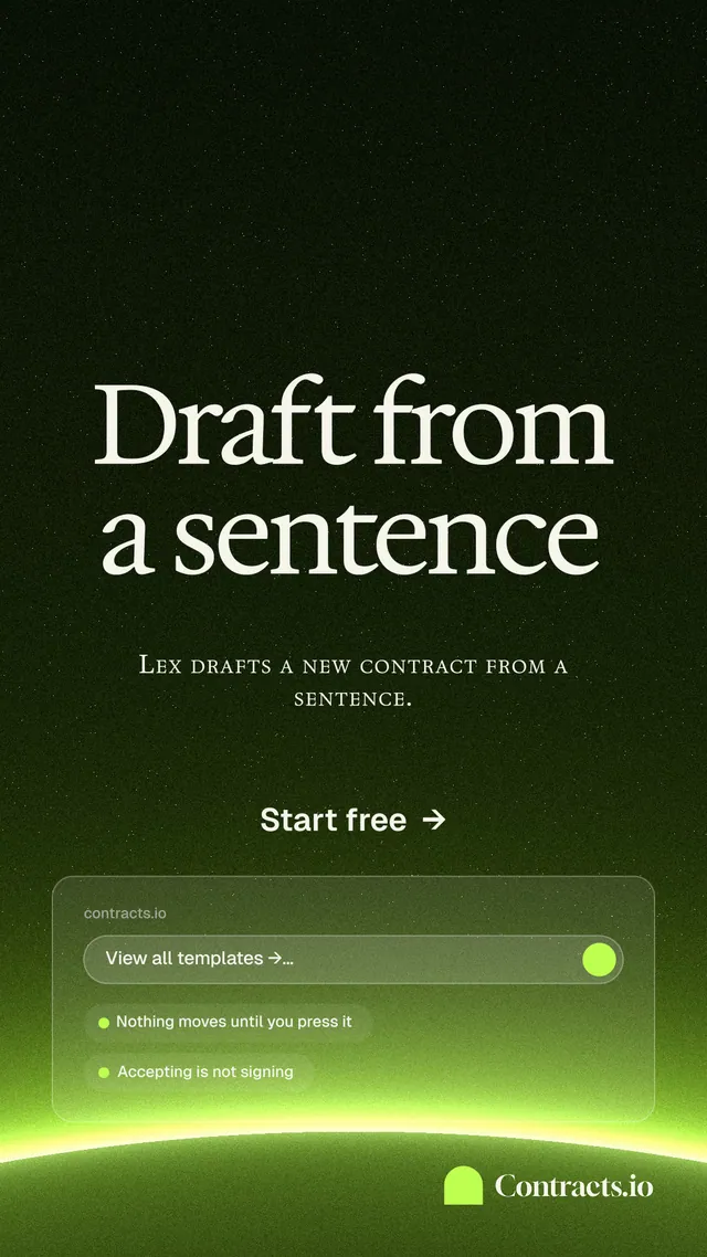 Instagram story for contracts.io: "Draft from a sentence". Swiss style, smallcaps layout, dark palette in black, green.