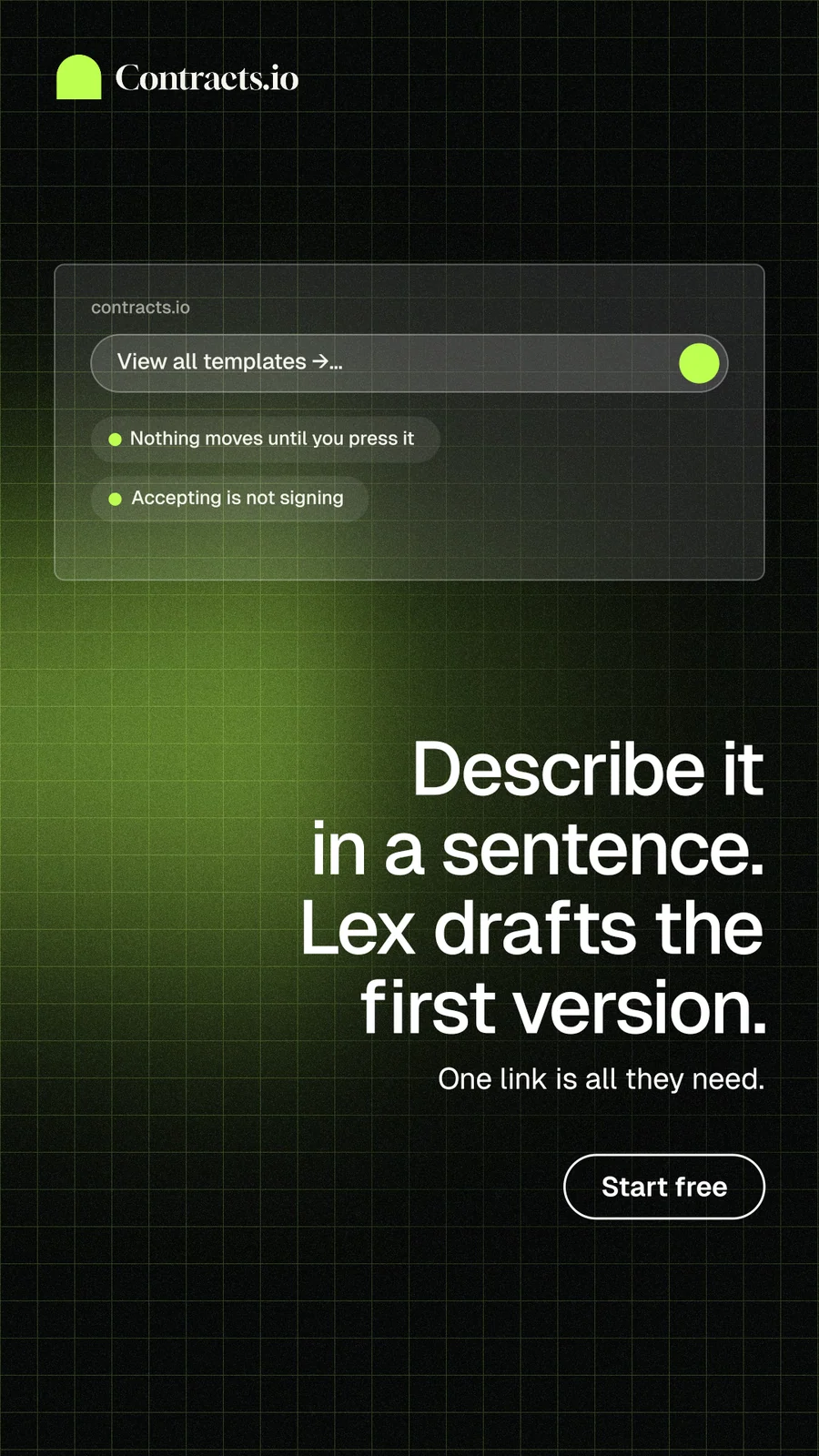 Instagram story for contracts.io: "Describe it in a sentence. Lex drafts the first version." Phosphor atlas style, right layout, dark palette in black, green.