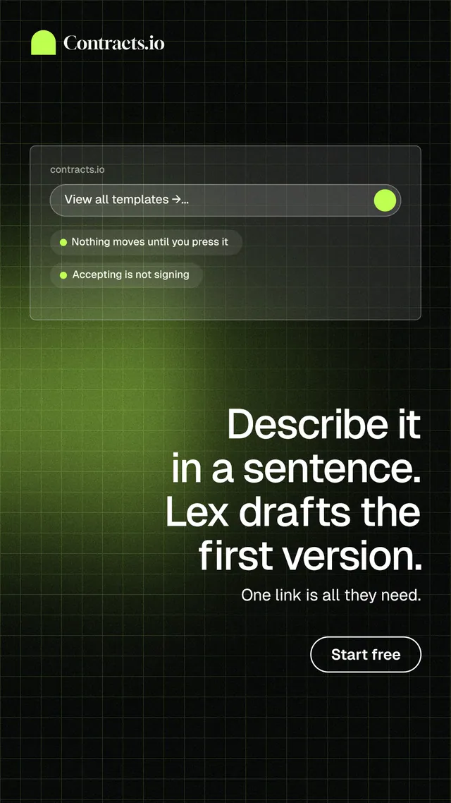 Instagram story for contracts.io: "Describe it in a sentence. Lex drafts the first version." Phosphor atlas style, right layout, dark palette in black, green.