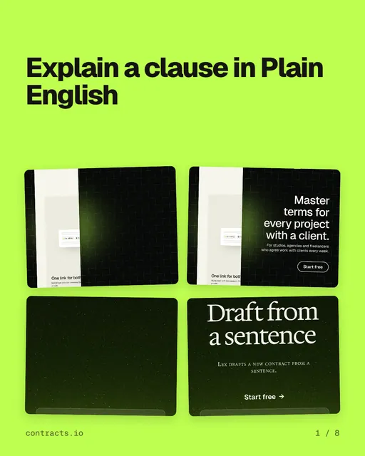 Carousel for contracts.io: "Explain a clause in Plain English". Collection carousel, 8 slides, light palette.