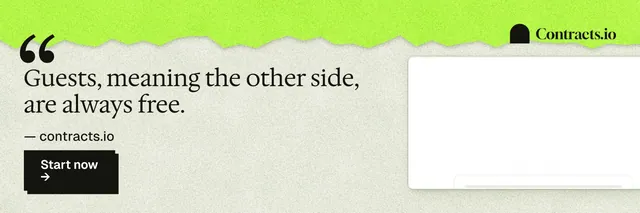 X header for contracts.io: "Guests, meaning the other side, are always free." Paper trio style, quote layout, light palette in green, white, grey.