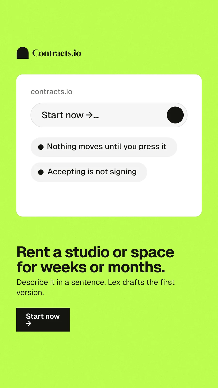 Instagram story for contracts.io: "Rent a studio or space for weeks or months." Swiss style, bottom layout, light palette in green, white.