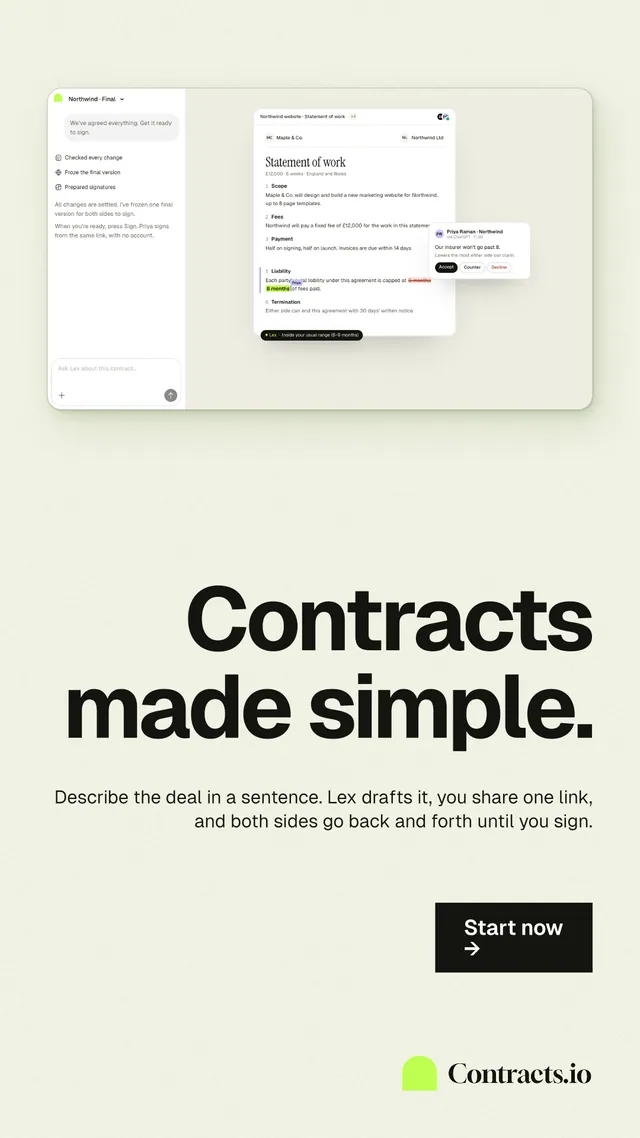 Instagram story for contracts.io: "Contracts made simple." Swiss style, right layout, light palette in white, yellow, grey.