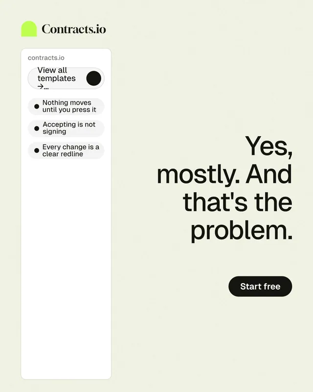 Instagram portrait post for contracts.io: "Yes, mostly. And that's the problem." Data card style, right layout, light palette in white.