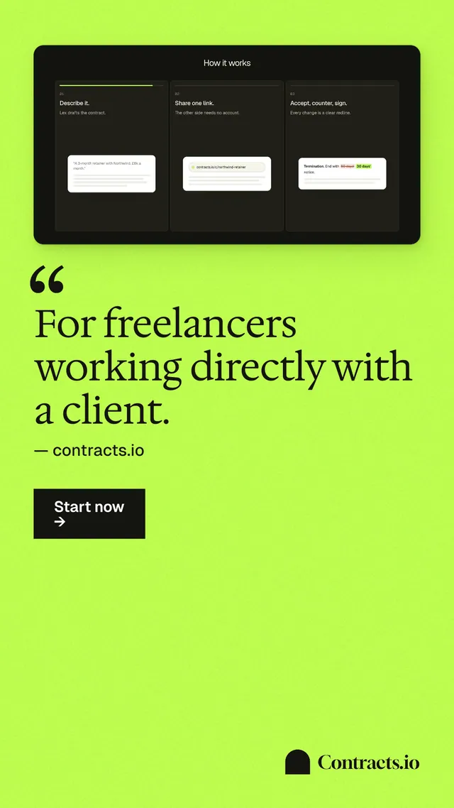 Instagram story for contracts.io: "For freelancers working directly with a client." Swiss style, quote layout, light palette in green.