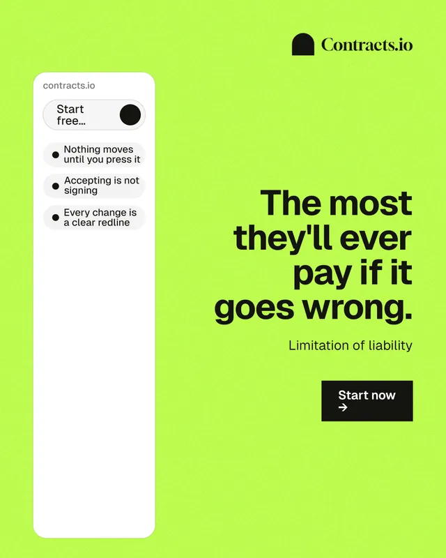 Instagram portrait post for contracts.io: "The most they'll ever pay if it goes wrong." Swiss style, right layout, light palette in green.