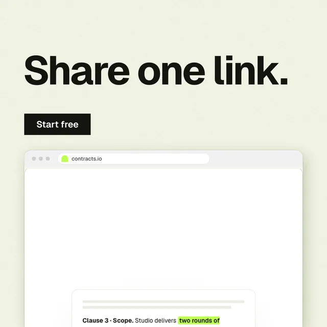 Instagram post for contracts.io: "Share one link." Swiss style, browser layout, light palette in white, grey.