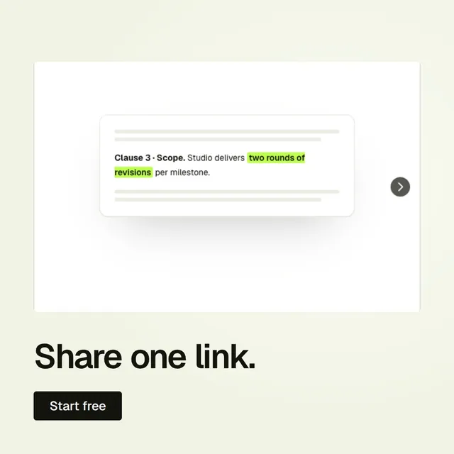 Video for contracts.io: "Share one link.". Doc motion loop, 6.0 s, light palette.