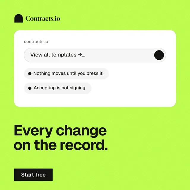 Instagram post for contracts.io: "Every change on the record." Swiss style, bottom layout, light palette in green, white.