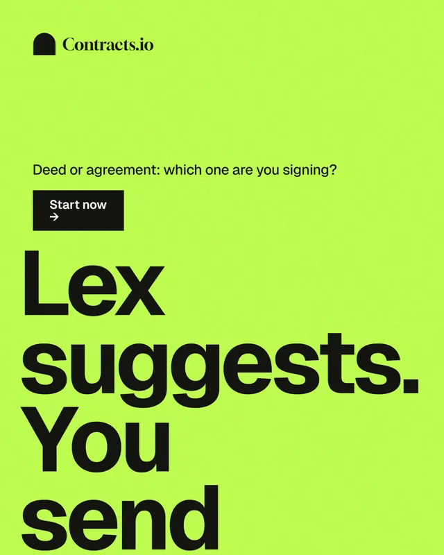 Instagram portrait post for contracts.io: "Lex suggests. You send." Swiss style, oversized layout, light palette in green.