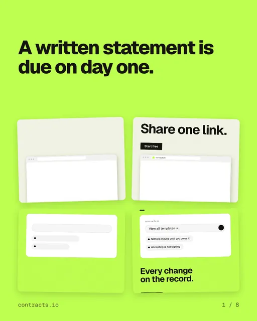 Carousel for contracts.io: "A written statement is due on day one.". Collection carousel, 8 slides, light palette.