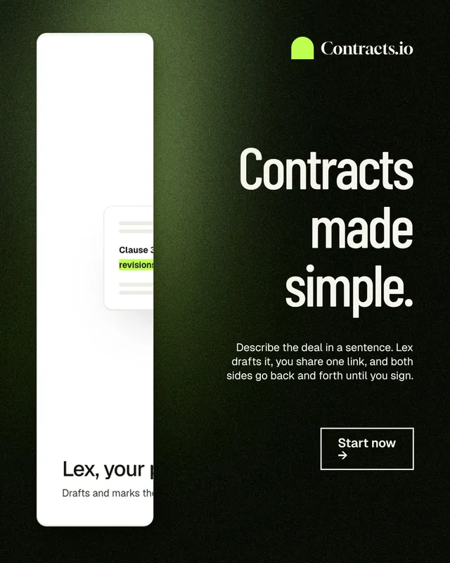 Instagram portrait post for contracts.io: "Contracts made simple." Dark deco style, right layout, dark palette in black, white, green.