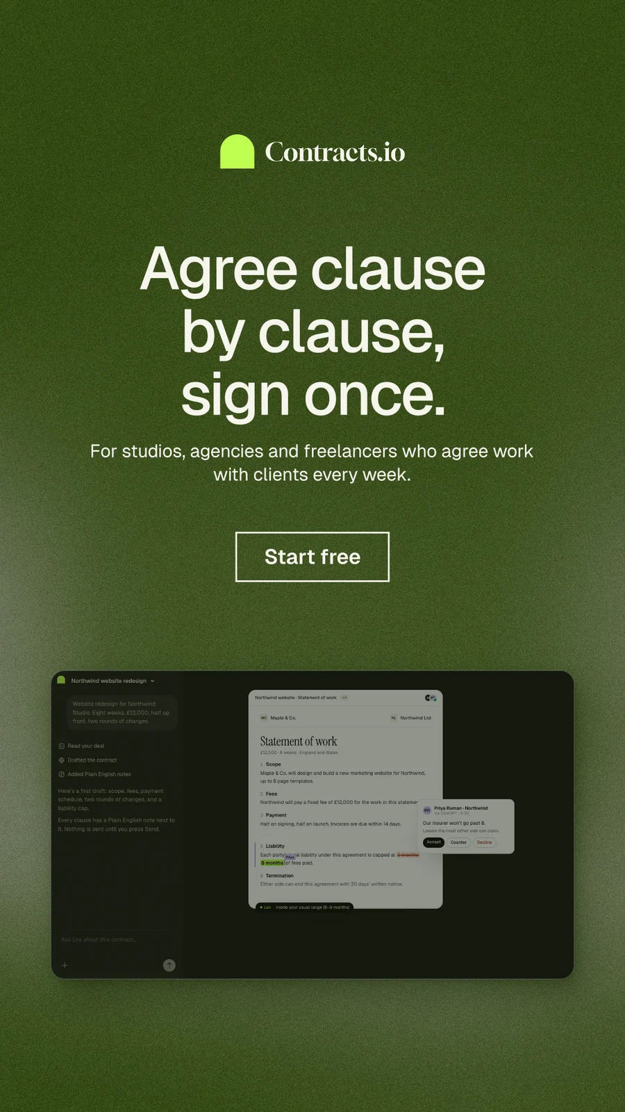 Instagram story for contracts.io: "Agree clause by clause, sign once." Cyanotype style, centred layout, dark palette in green, black, grey.
