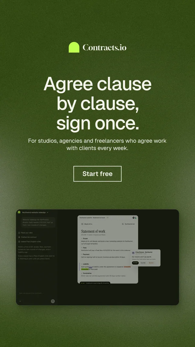 Instagram story for contracts.io: "Agree clause by clause, sign once." Cyanotype style, centred layout, dark palette in green, black, grey.