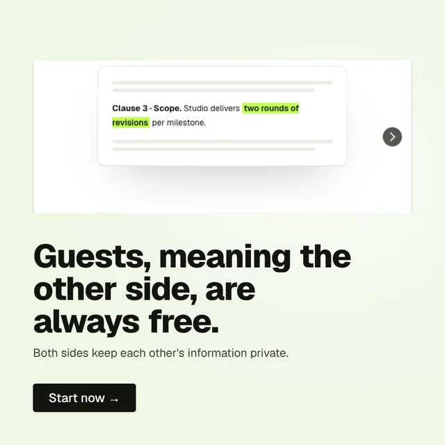 Video for contracts.io: "Guests, meaning the other side, are always free.". Doc motion loop, 7.0 s, light palette.