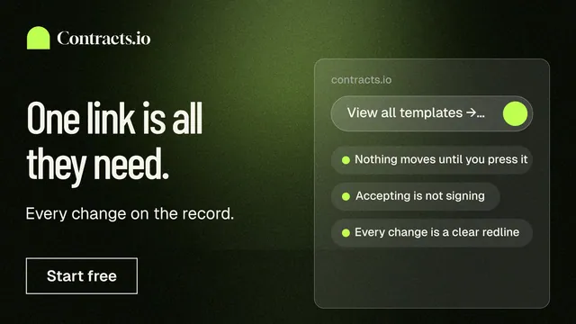 Landscape graphic for contracts.io: "One link is all they need." Dark deco style, bottom layout, dark palette in black, green, grey.