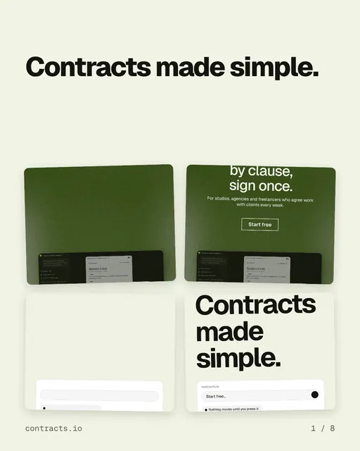 Carousel for contracts.io: "Contracts made simple.". Collection carousel, 8 slides, light palette.