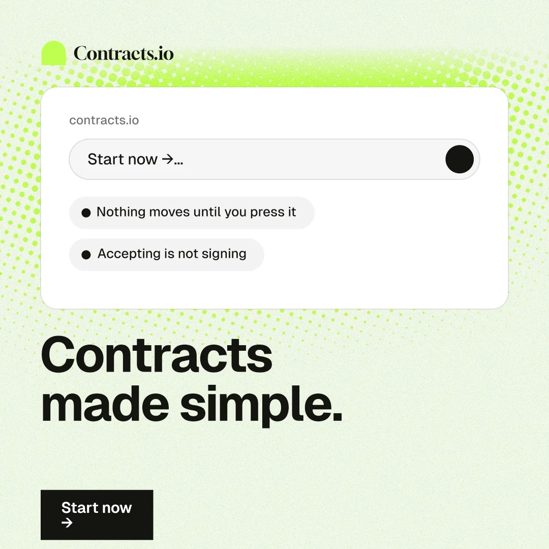 Instagram post for contracts.io: "Contracts made simple." Swiss style, bottom layout, light palette in white, green, grey.
