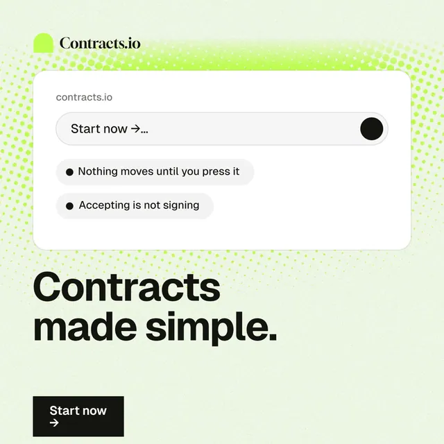 Instagram post for contracts.io: "Contracts made simple." Swiss style, bottom layout, light palette in white, green, grey.