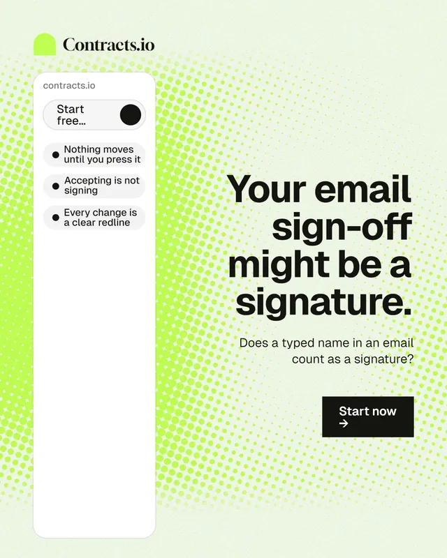 Instagram portrait post for contracts.io: "Your email sign-off might be a signature." Swiss style, right layout, light palette in white, green, grey.
