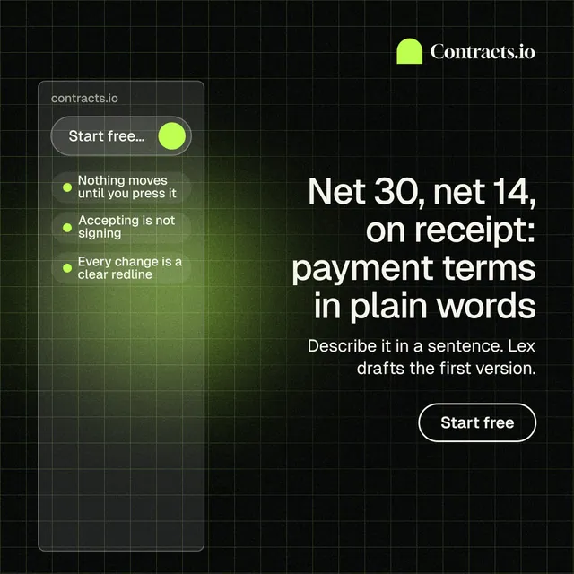 Instagram post for contracts.io: "Net 30, net 14, on receipt: payment terms in plain words". Phosphor atlas style, right layout, dark palette in black, grey.