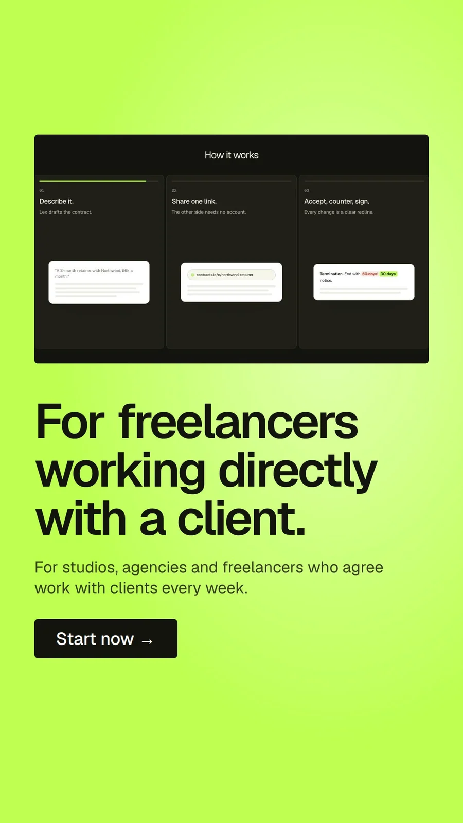 Video for contracts.io: "For freelancers working directly with a client.". Doc motion loop, 6.0 s, light palette.