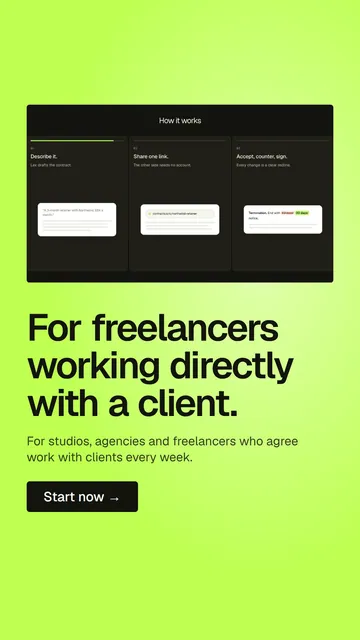 Video for contracts.io: "For freelancers working directly with a client.". Doc motion loop, 6.0 s, light palette.