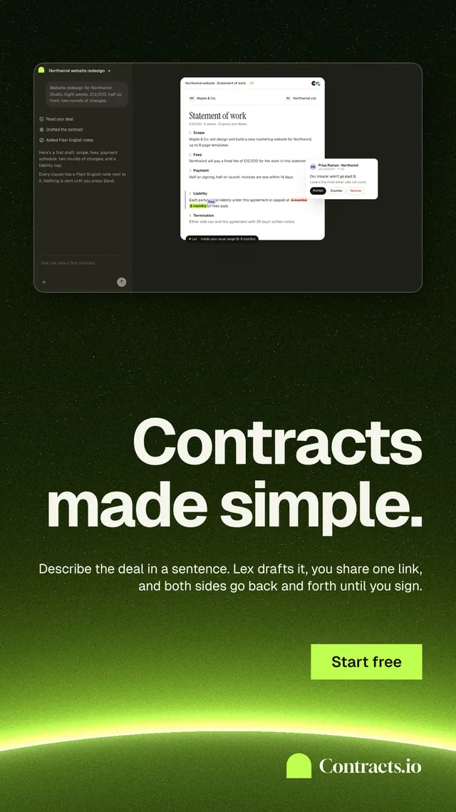 Instagram story for contracts.io: "Contracts made simple." Swiss style, right layout, dark palette in black, green.