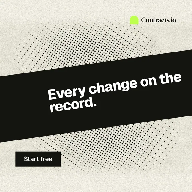 Instagram post for contracts.io: "Every change on the record." Ink sticker style, diagonal layout, light palette in yellow, black, grey.