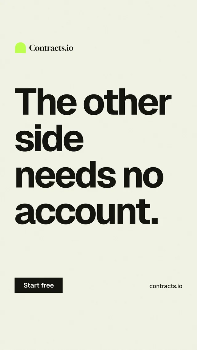 Instagram story for contracts.io: "The other side needs no account." Swiss style, poster layout, light palette in white, grey.