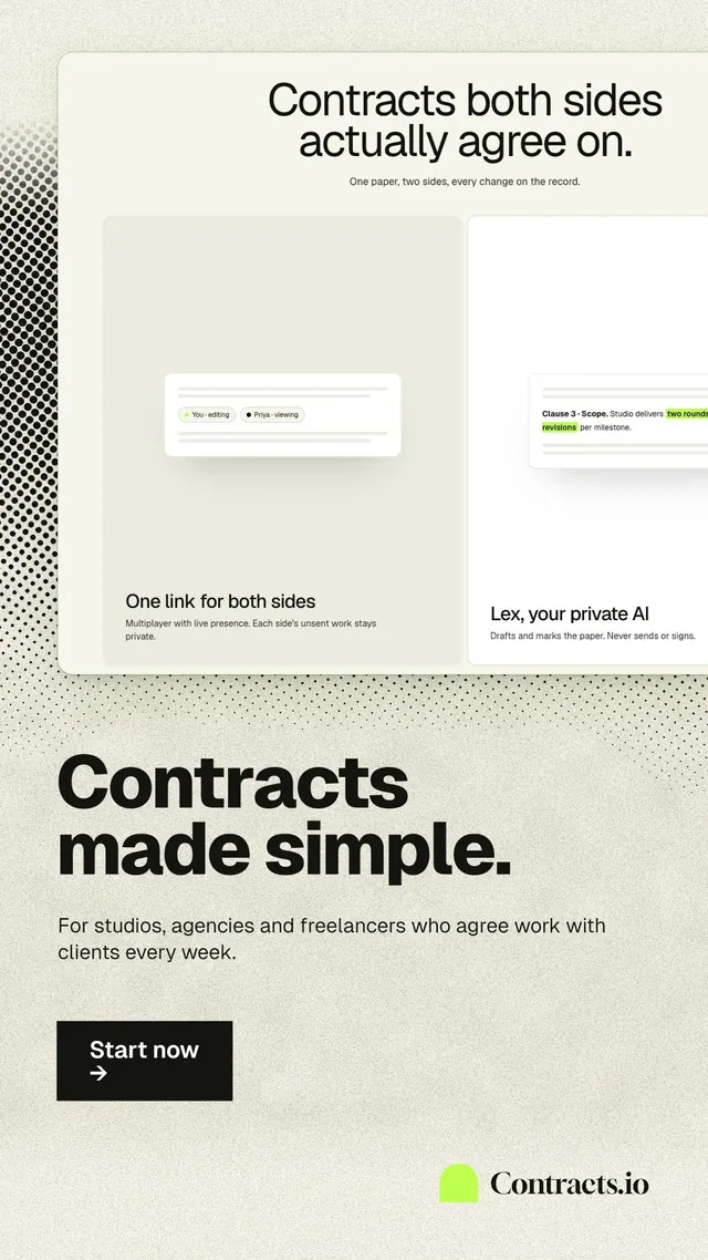 Instagram story for contracts.io: "Contracts made simple." Ink sticker style, bottom layout, light palette in yellow, white, grey.