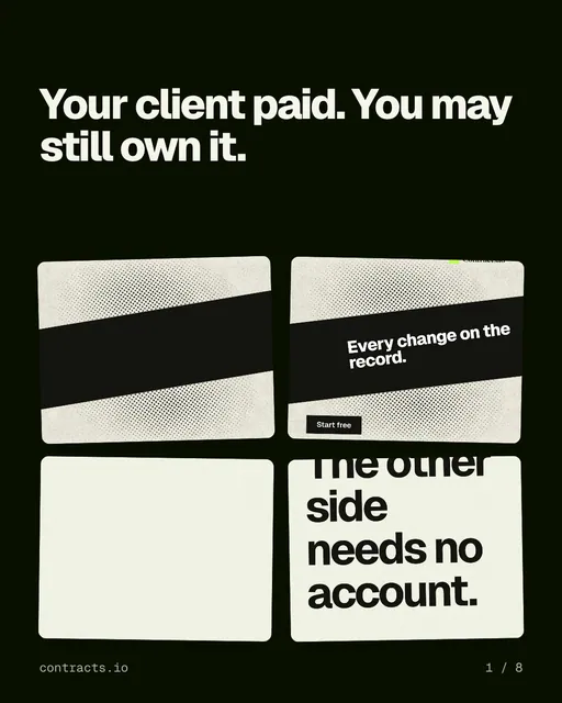 Carousel for contracts.io: "Your client paid. You may still own it.". Collection carousel, 8 slides, dark palette.