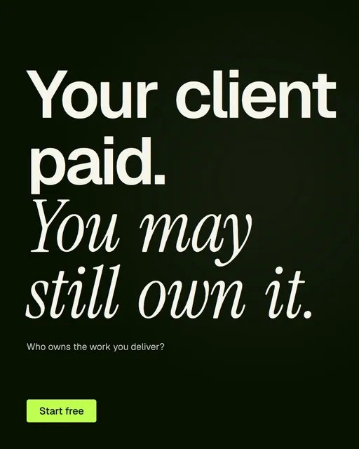 Video for contracts.io: "Your client paid. You may still own it.". Kinetic type grid, 6.0 s, dark palette.