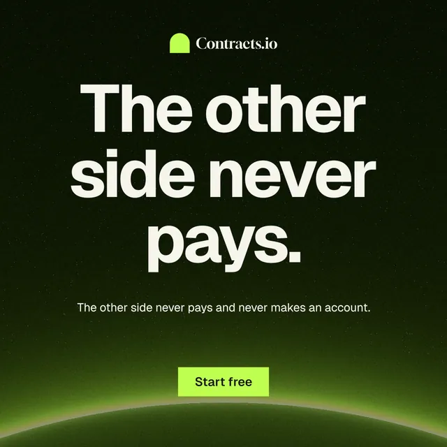 Instagram post for contracts.io: "The other side never pays." Swiss style, centred layout, dark palette in black, green.
