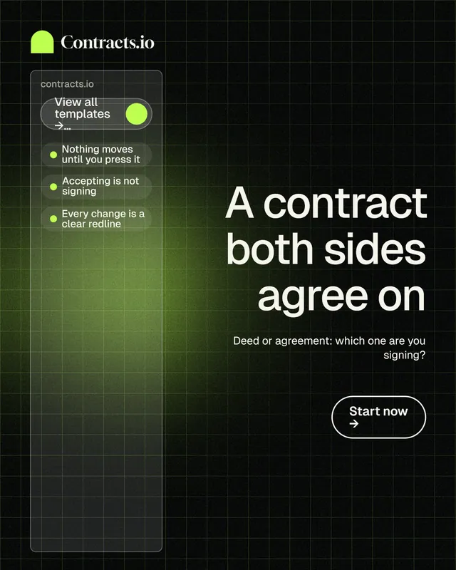 Instagram portrait post for contracts.io: "A contract both sides agree on". Phosphor atlas style, right layout, dark palette in black, green.