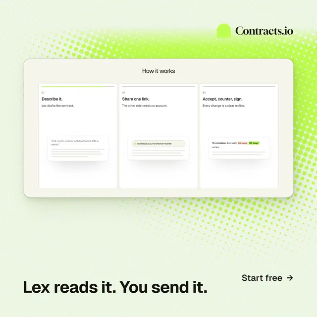Instagram post for contracts.io: "Lex reads it. You send it." Swiss style, image led layout, light palette in green, white.
