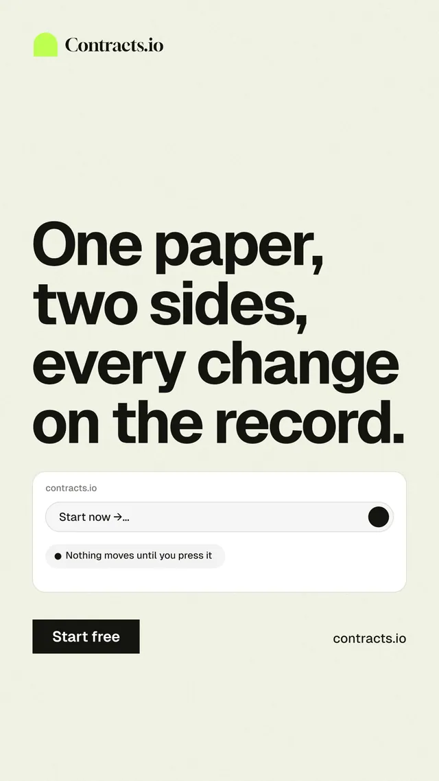 Instagram story for contracts.io: "One paper, two sides, every change on the record." Swiss style, poster layout, light palette in white, grey.