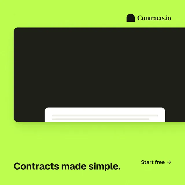 Instagram post for contracts.io: "Contracts made simple." Swiss style, image led layout, light palette in green, black.