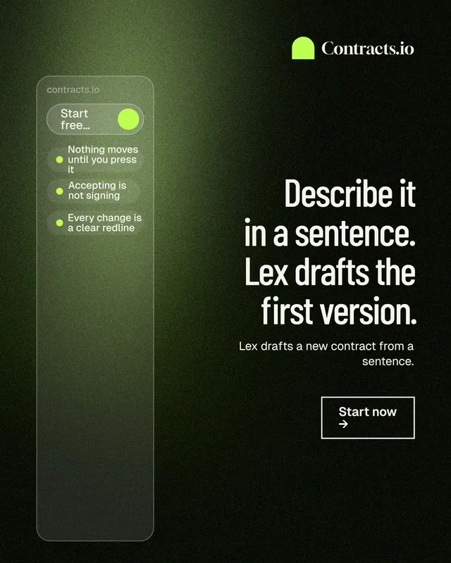 Instagram portrait post for contracts.io: "Describe it in a sentence. Lex drafts the first version." Dark deco style, right layout, dark palette in green, black, grey.