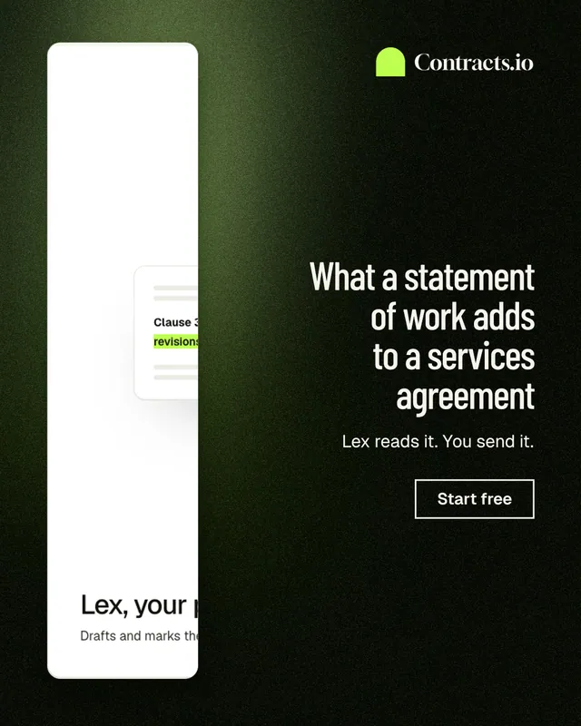 Instagram portrait post for contracts.io: "What a statement of work adds to a services agreement". Dark deco style, right layout, dark palette in black, white, green.