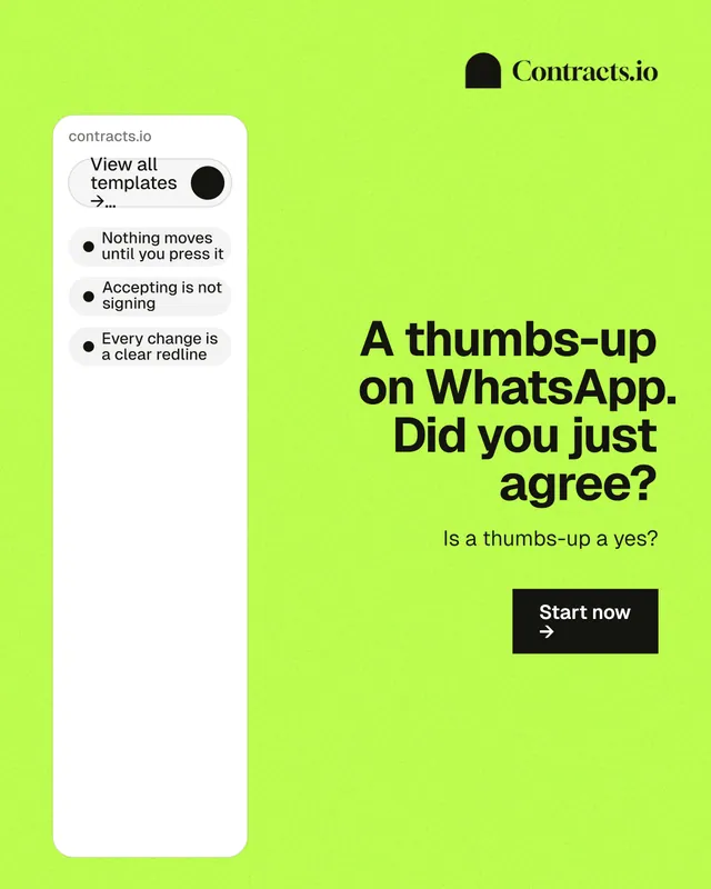 Instagram portrait post for contracts.io: "A thumbs-up on WhatsApp. Did you just agree?" Swiss style, right layout, light palette in green, white.