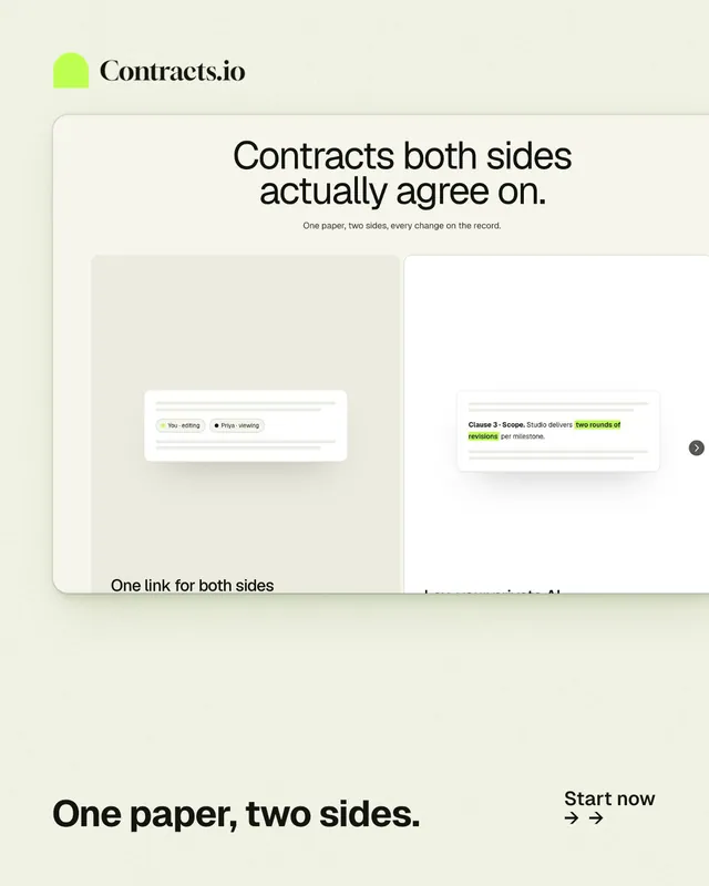 Instagram portrait post for contracts.io: "One paper, two sides." Swiss style, image led layout, light palette in yellow, white, grey.