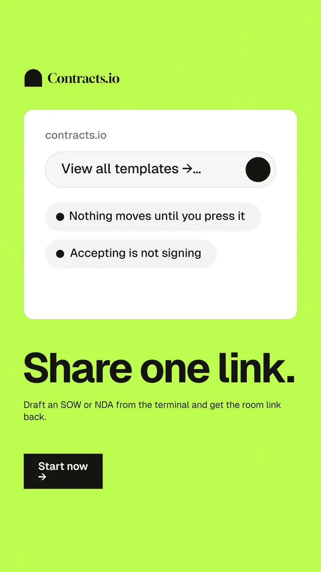 Instagram story for contracts.io: "Share one link." Swiss style, bottom layout, light palette in green, white.