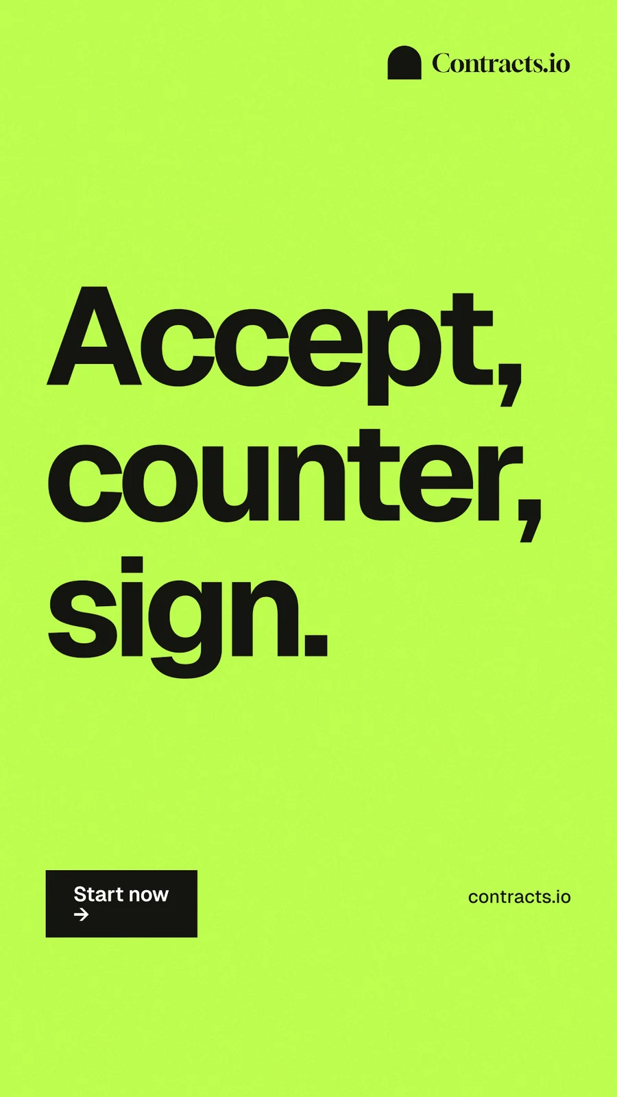 Instagram story for contracts.io: "Accept, counter, sign." Swiss style, poster layout, light palette in green.