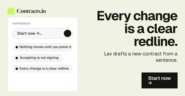 Social ad for contracts.io: "Every change is a clear redline." Swiss style, right layout, light palette in yellow, green, white.