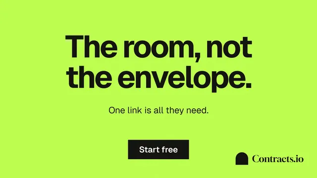 Landscape graphic for contracts.io: "The room, not the envelope." Swiss style, centred layout, light palette in green.