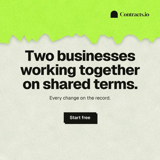 Instagram post for contracts.io: "Two businesses working together on shared terms." Paper trio style, centred layout, light palette in green, grey.