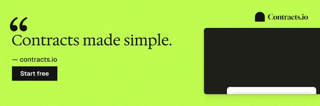 X header for contracts.io: "Contracts made simple." Swiss style, quote layout, light palette in green.