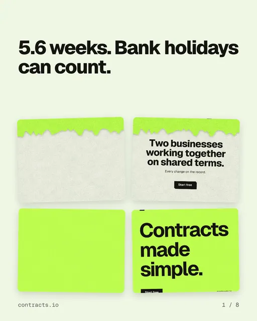 Carousel for contracts.io: "5.6 weeks. Bank holidays can count.". Collection carousel, 8 slides, light palette.